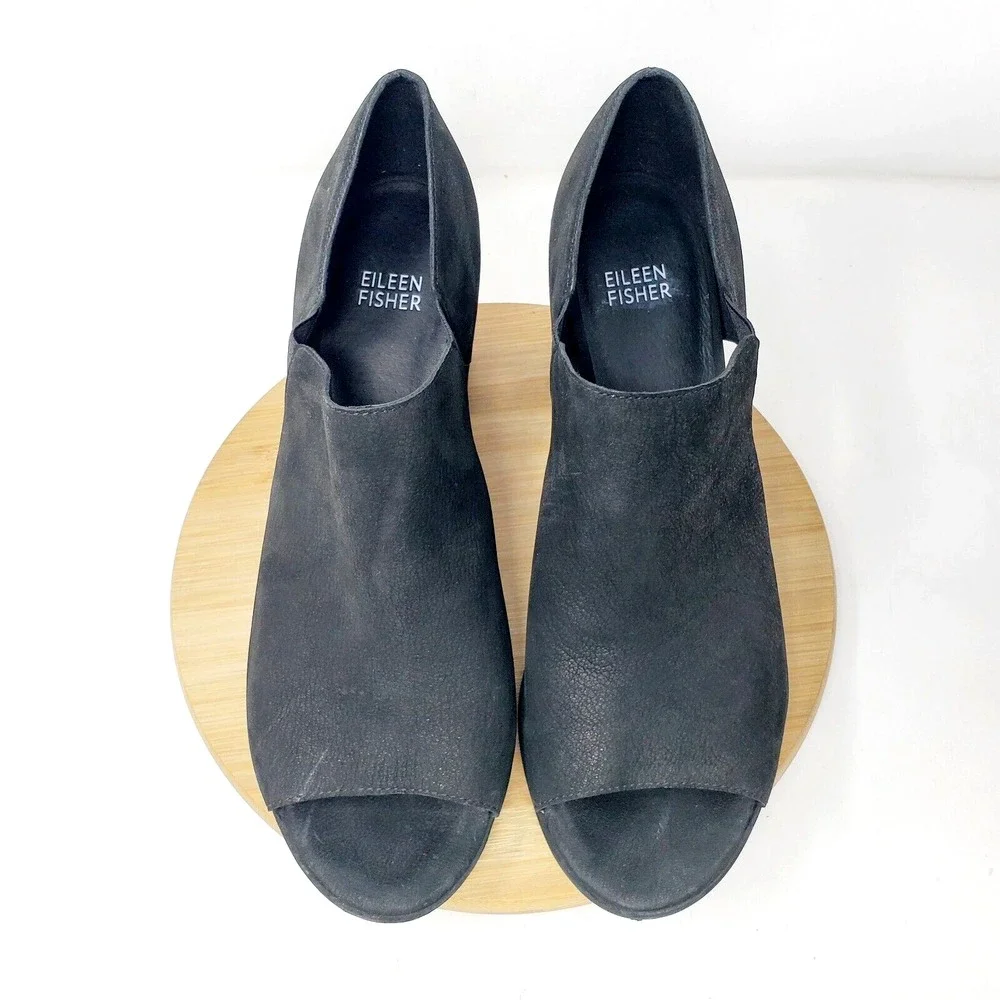 Eileen Fisher Milton Shoes Womens 10 Black Nubuck Cut Out Side Peep Toe‎ Bootie